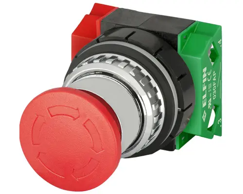 Parada de emergencia Ø30mm tipo hongo Ø36mm rojo con desenganche a rotacion 1NA+1NC 030PFARFAFC ELFIN