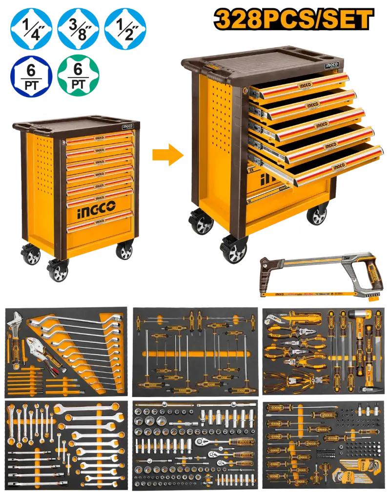 Carro Gabinete Metálico Industrial 7 Cajones con Juego de Herramientas 328 Piezas HTCS273281 INGCO