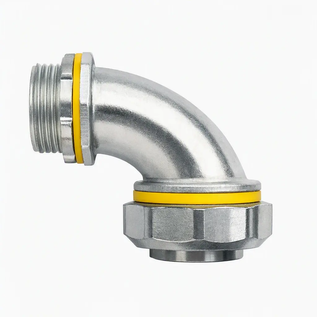 Conector curvo 90° para conduit flexible galvanizado C/PVC 3/4" reforzado