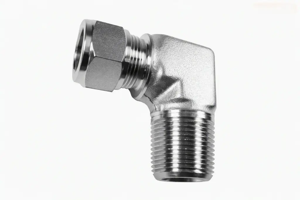 Conector codo 90° de acero inoxidable SS316 OD 1/2"x NPTM 1/2"