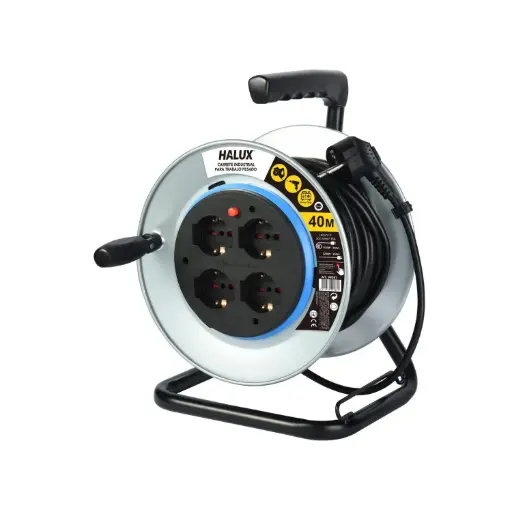 [AC-4T-SCHUKO-40M-16A-220V] Alargador Carrete 4 tomas schuko 40 metros 16A 220V negro HALUX