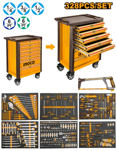 [HTCS273281] Carro Gabinete Metálico Industrial 7 Cajones con Juego de Herramientas 328 Piezas HTCS273281 INGCO